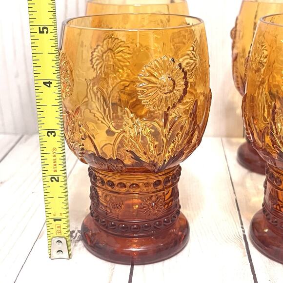 Anthropologie Rare & Retired HELIANTHUS Amber Water Daisy Pedestal Goblets Set 4 - Picture 8 of 10